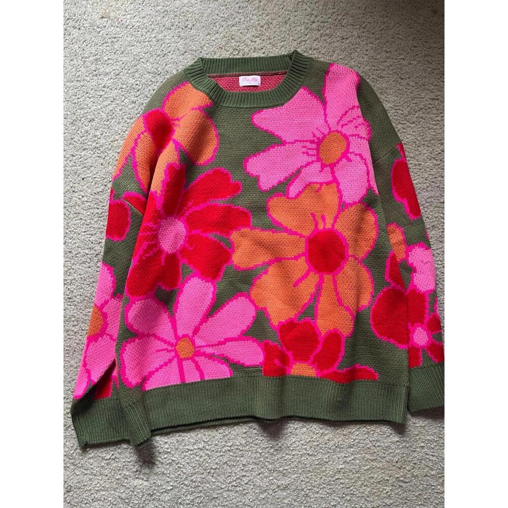 Pink Lily Olive Green Sweater with Pink, Orange & Red Floral Design